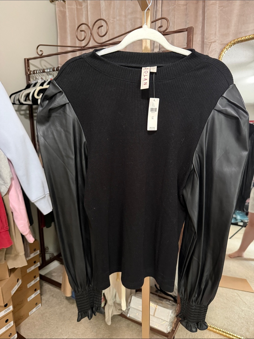 Faux Leather Puff Sleeve Black Sweater Top